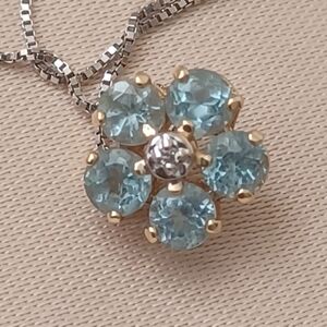 14k Gold Necklace Aquamarine Diamond Flower